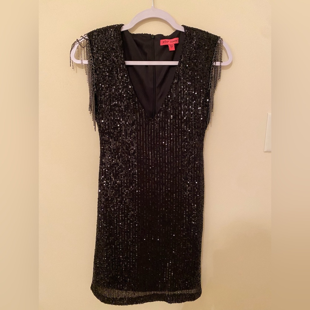 Betsy Johnson black, sparkly dress.V neck with fringe detailing.Never worn.
